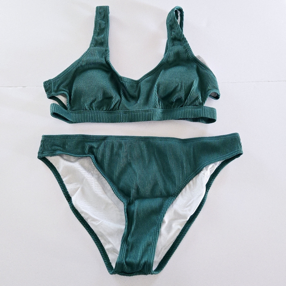 Cupshe Women's Size Large Emerald Velvet Solid Backless Bikini w/ Cutout 2 Pc